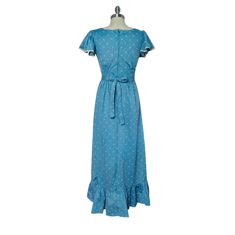 Vintage 70s Prairie Maxi Dress Floral Cottagecore 9 Victorian Revival Robins Egg - Picture 5 of 11